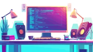 میز کار مدرن با مانیتور و بلندگو