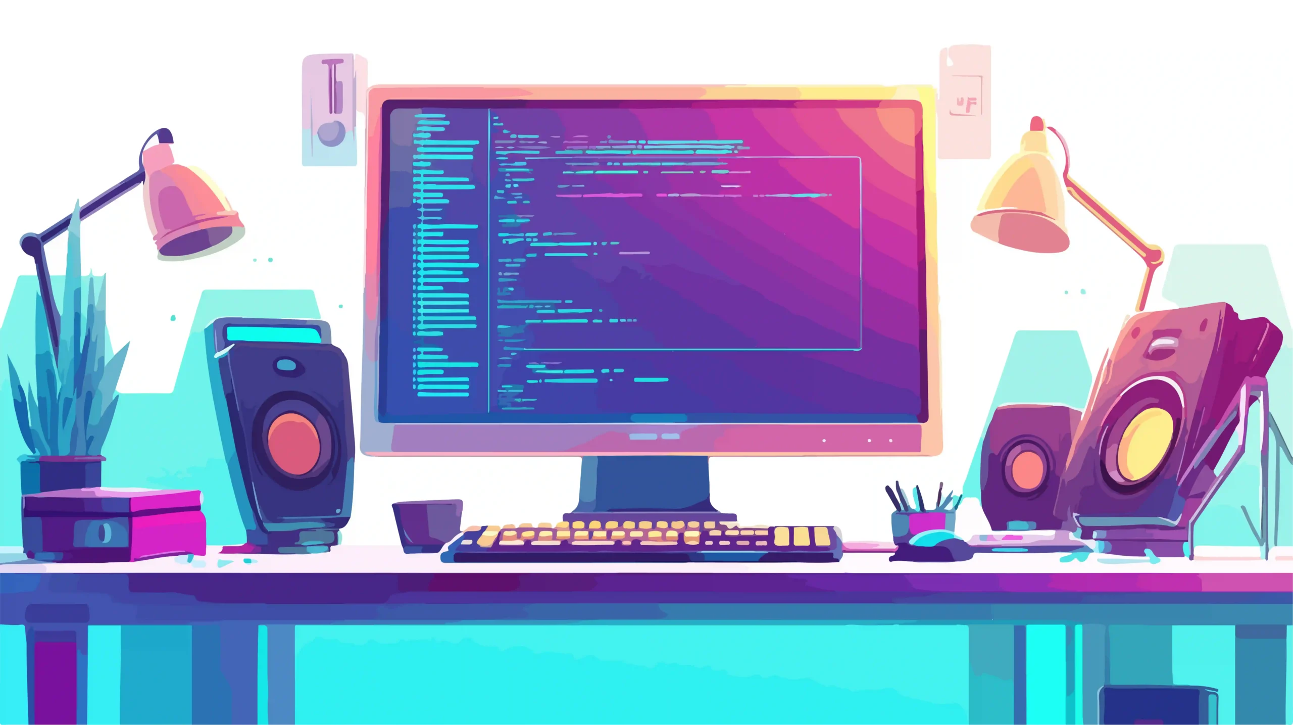 میز کار مدرن با مانیتور و بلندگو