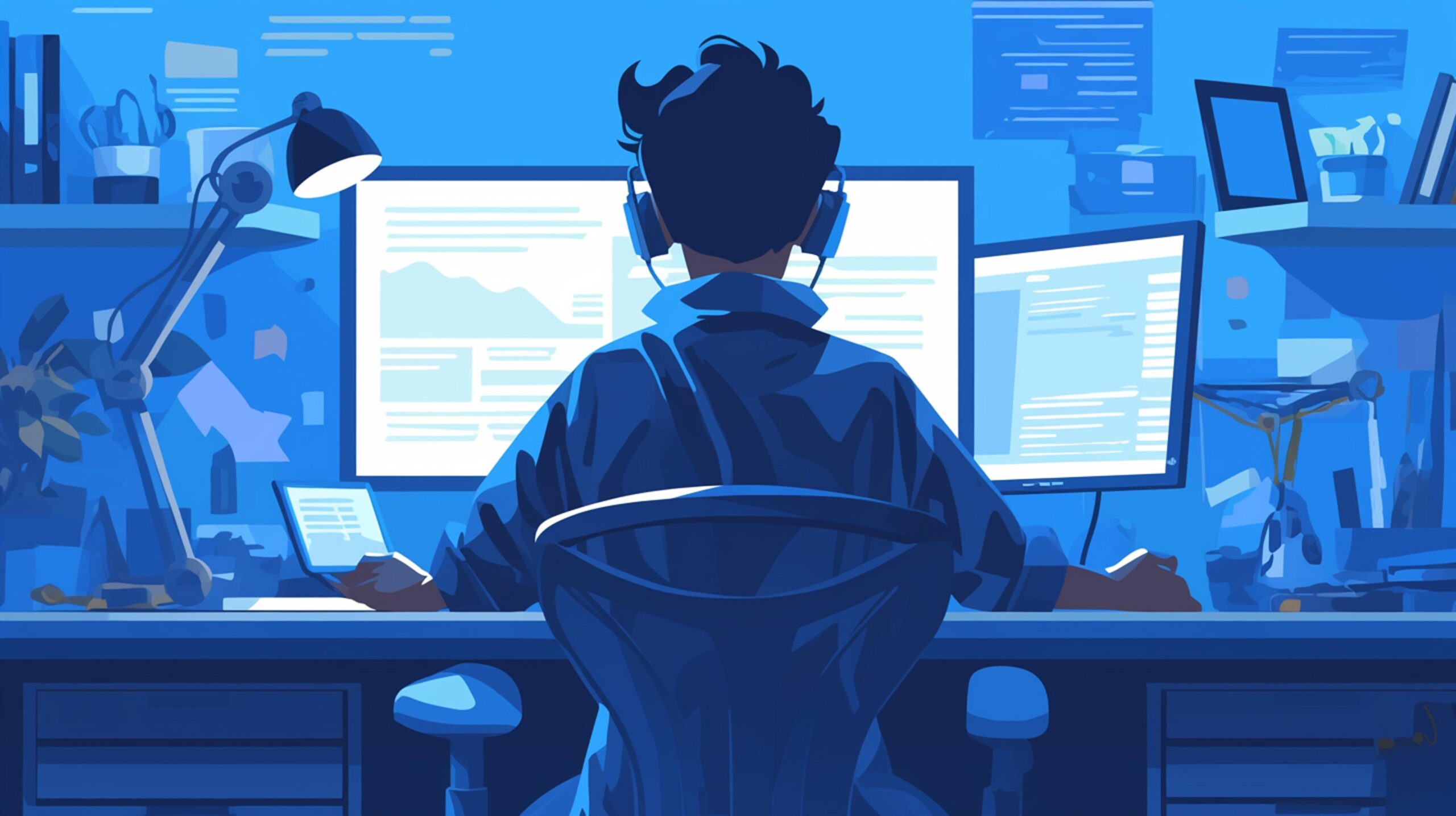 برنامه‌نویس در حال کار با سه مانیتور