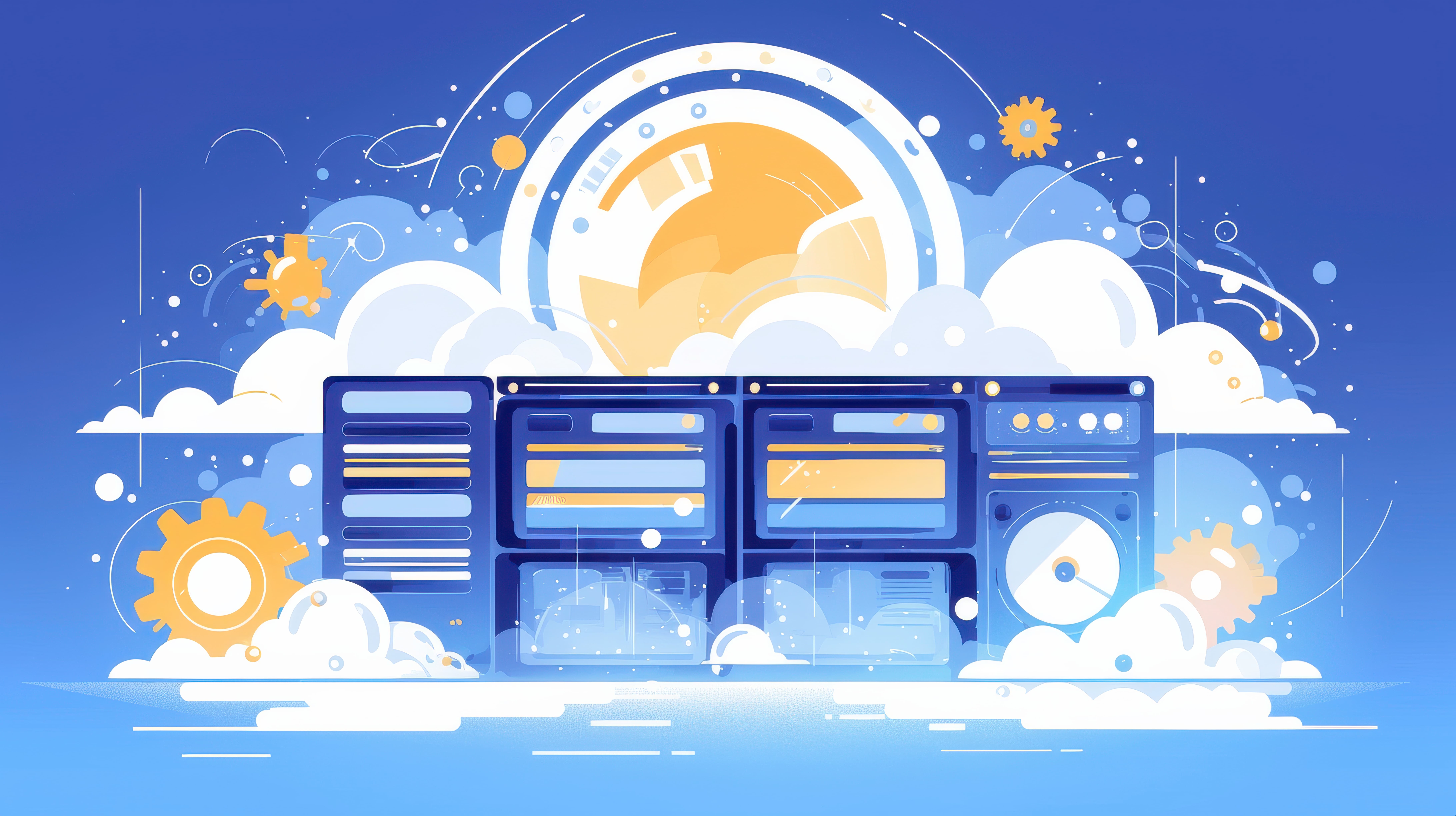 abstract data cloud visualization with gear elements blue background (1)