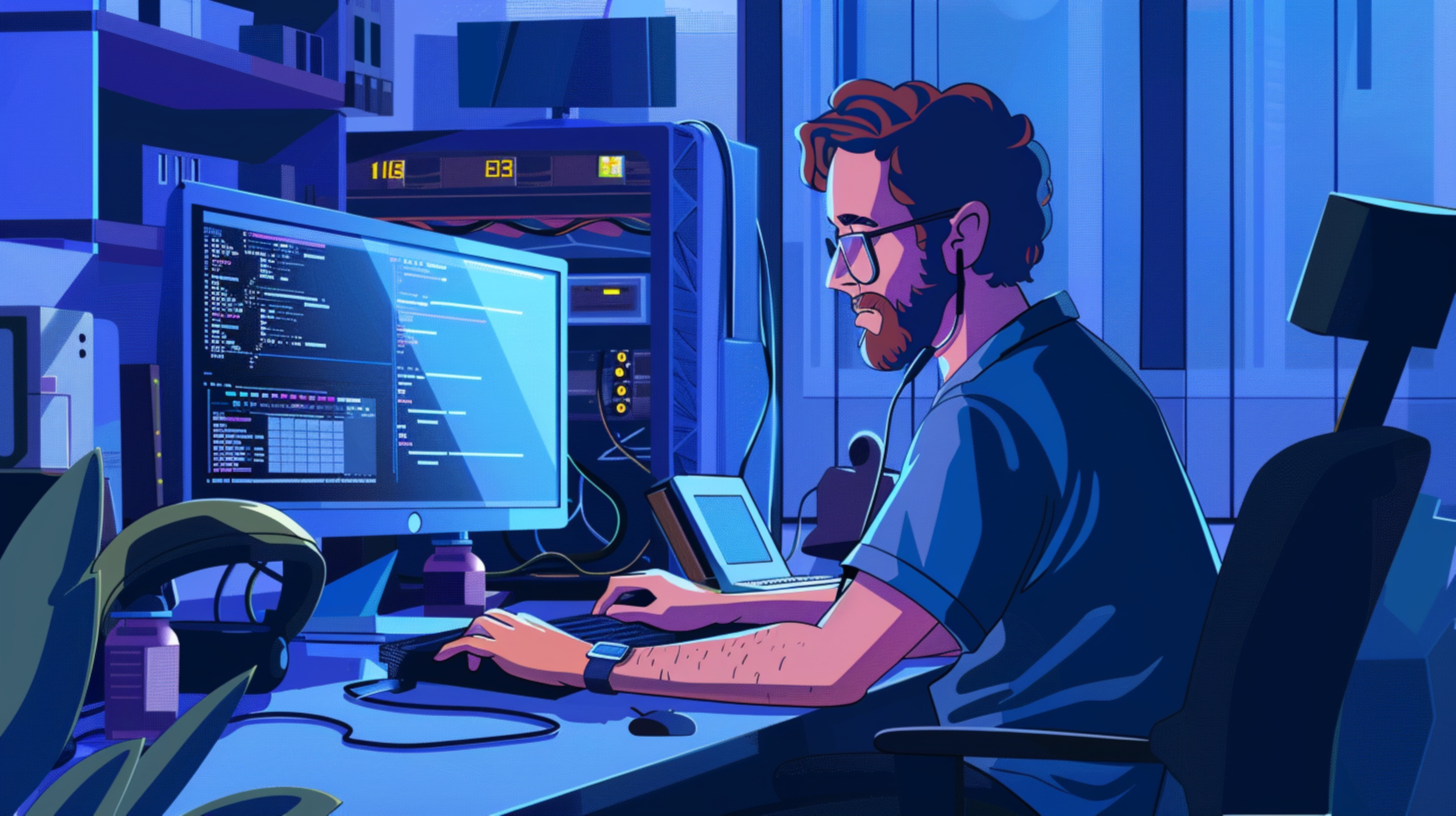 cartoon it support technician fixing computer office environment (1)