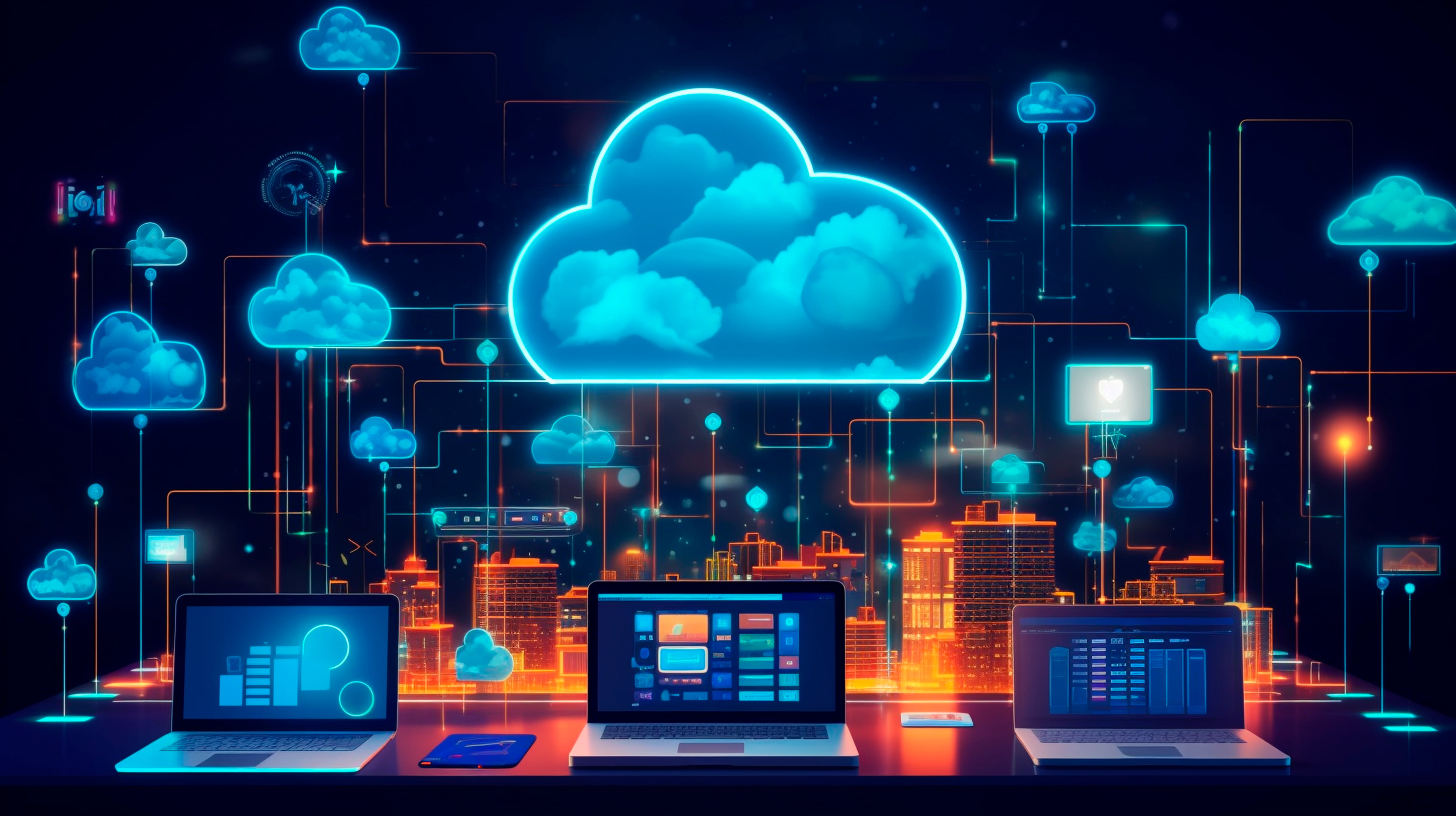 cloud technology computing devices connected digital storage data center via internet iot smart home communication laptop tablet phone home devices with online generative ai (1)