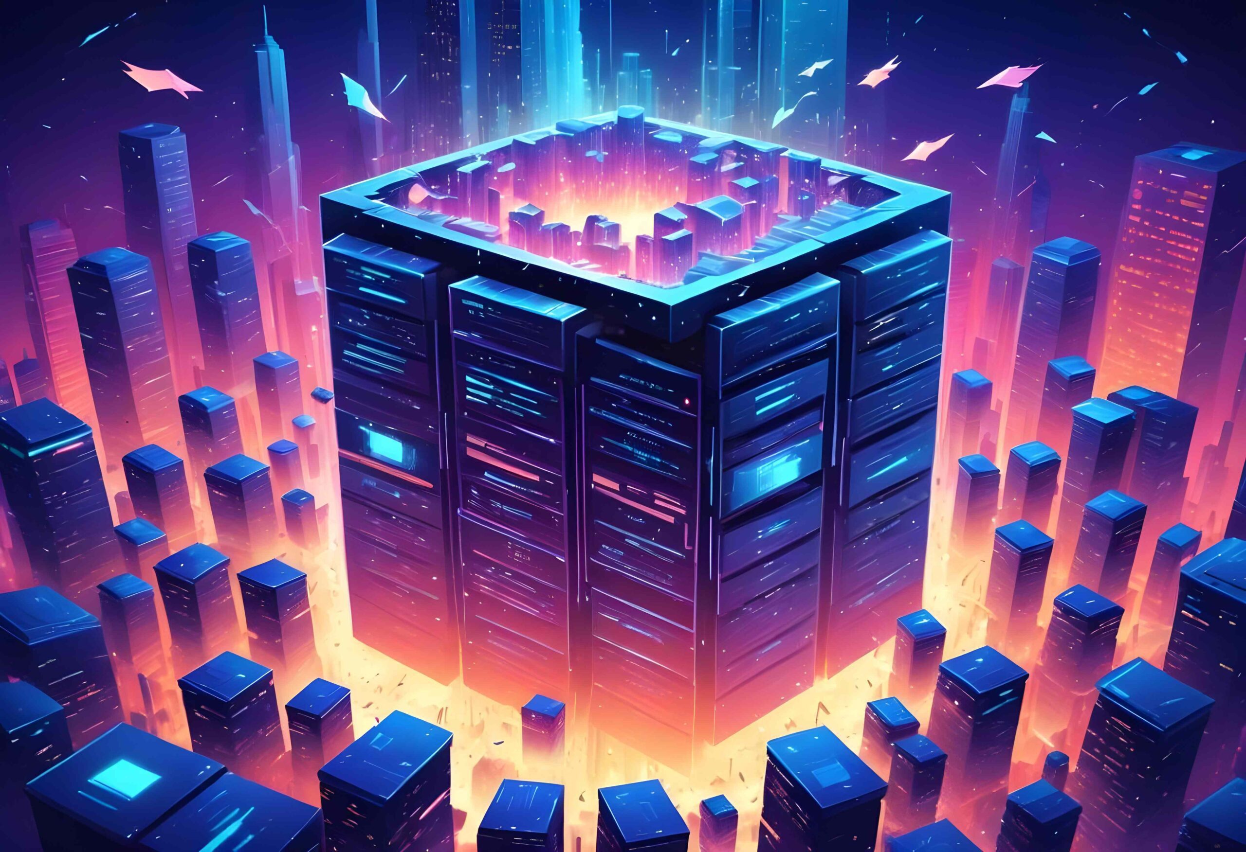 ساختمان‌های شهر در نور نئون شب