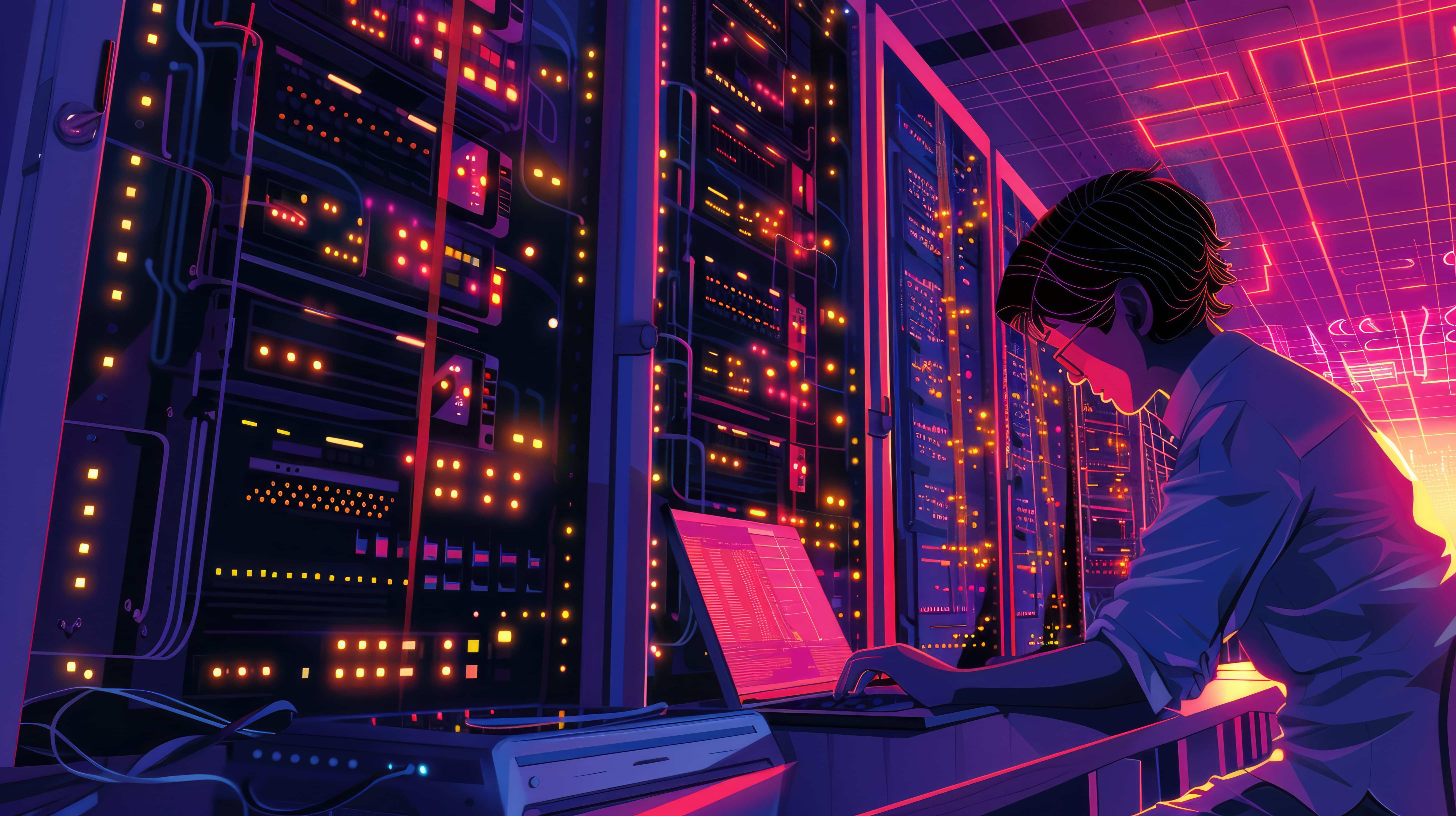 computer engineer optimizing database performance laptop with extensive array data servers background ai generated (1)