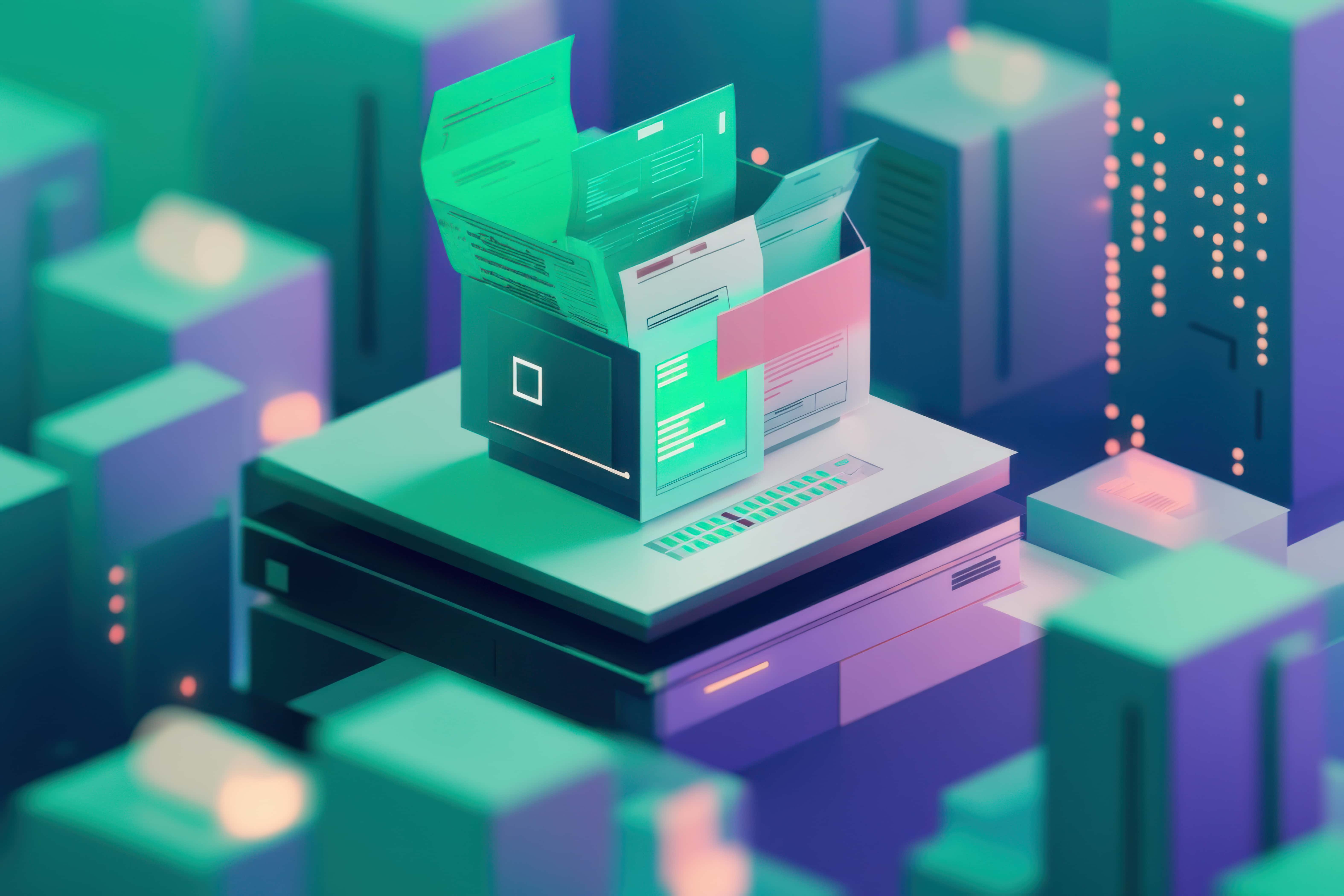 files emerging from futuristic computer digital city hint data processing storage (1)