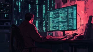 برنامه‌نویس در حال کدنویسی در محیط تاریک