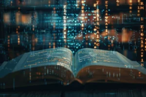 کتاب باز با نوشته‌های دیجیتال در حال حرکت