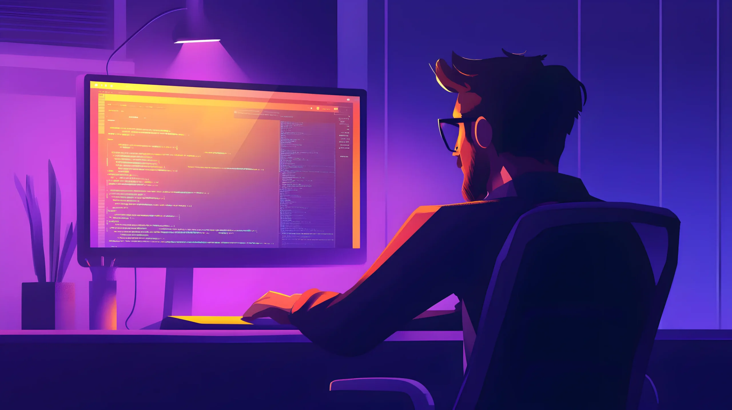 برنامه‌نویس مشغول کدنویسی در محیط شب