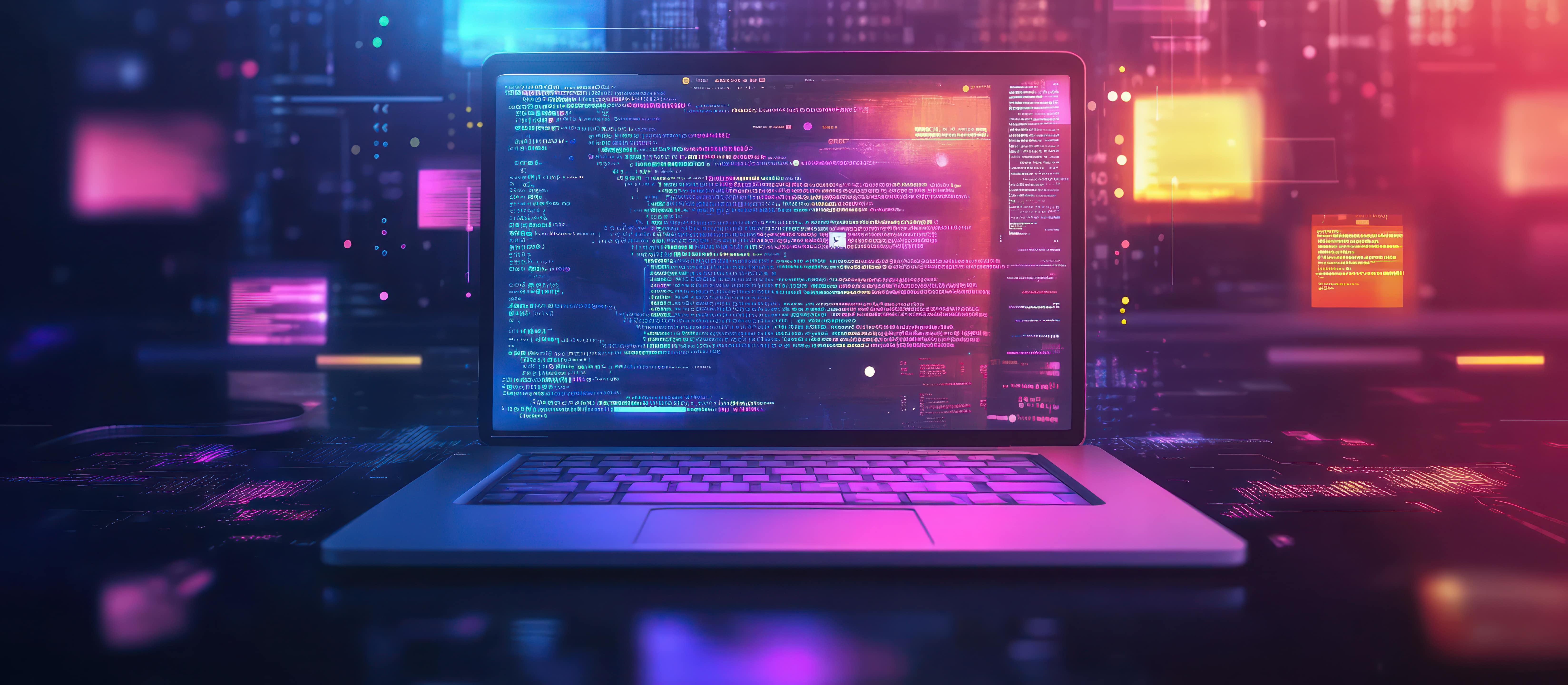 laptop computer with glowing screen displaying code surrounded by blurred background glowing data (1)